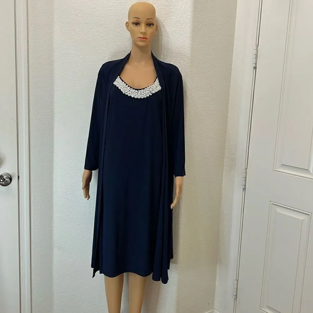 Haani Woman’s Dress Navy Blue Pearl Neckline Long Sleeve Attached Jacket Sz XXL